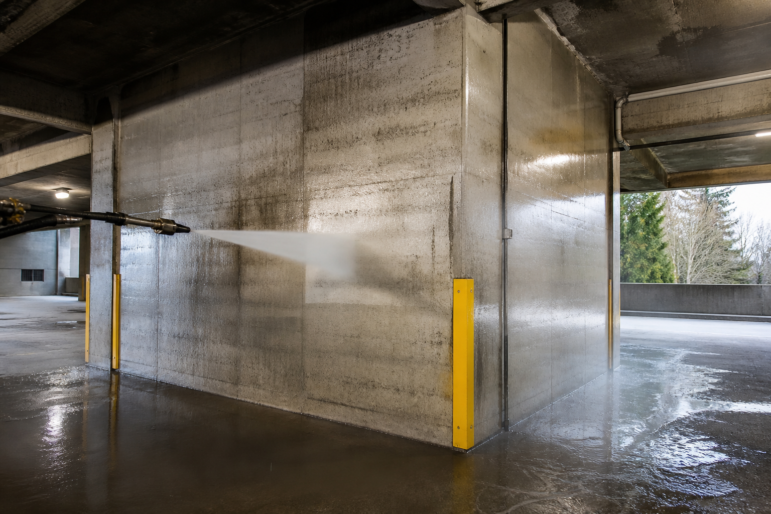 Heavy pressure washing of commercial concrete