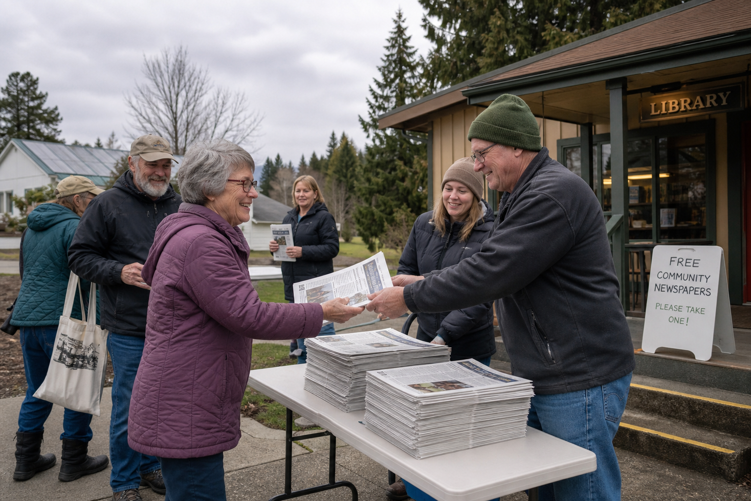 Volunteers sharing free community newspapers